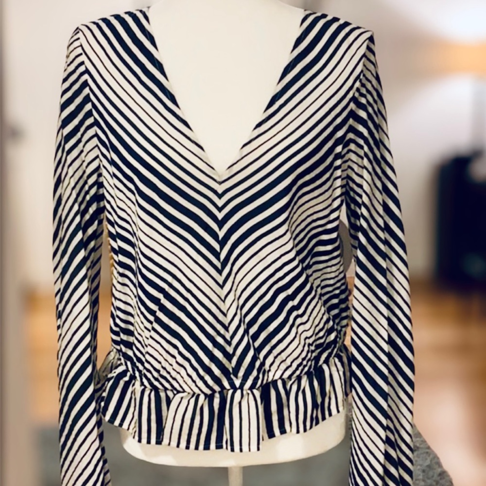 Express Peplum Blouse V-neck Blue White Stipe